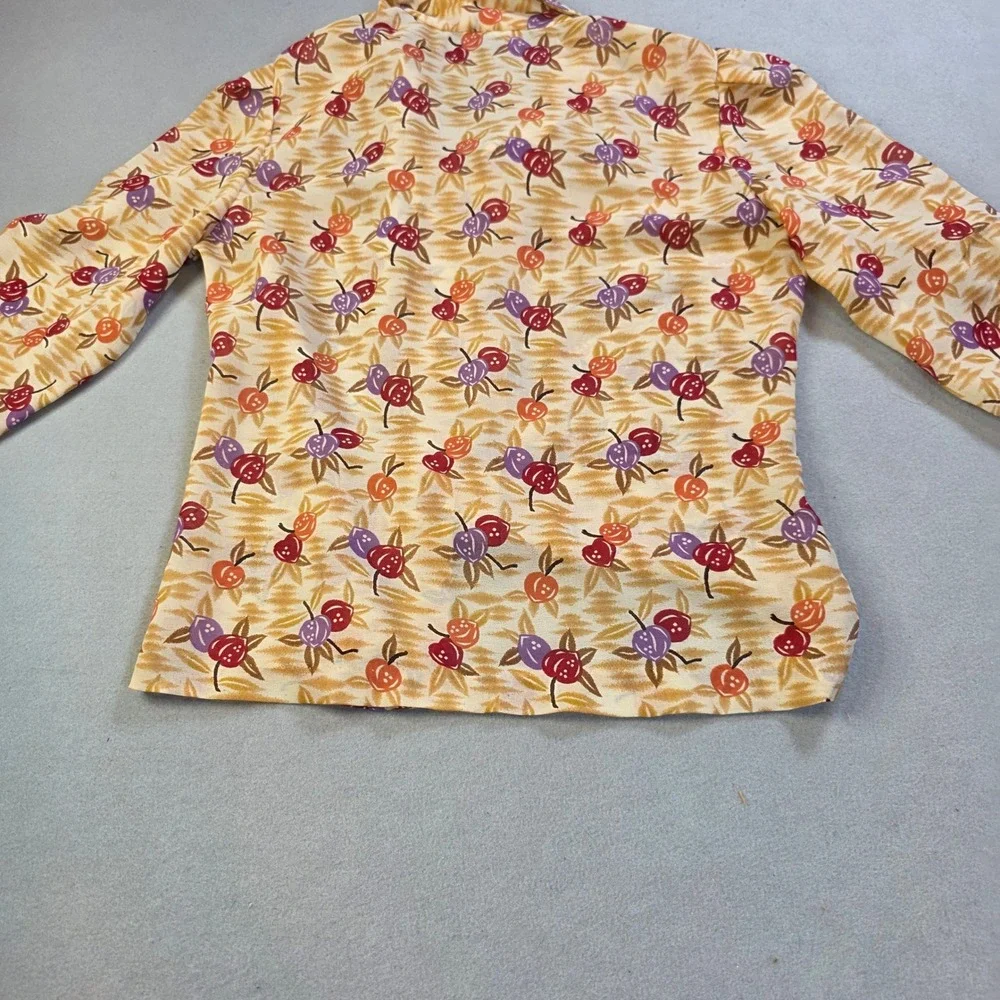 Vintage College Town Fruit Print Button Down Blouse Tan Orange Purple Distressed - Picture 8 of 8